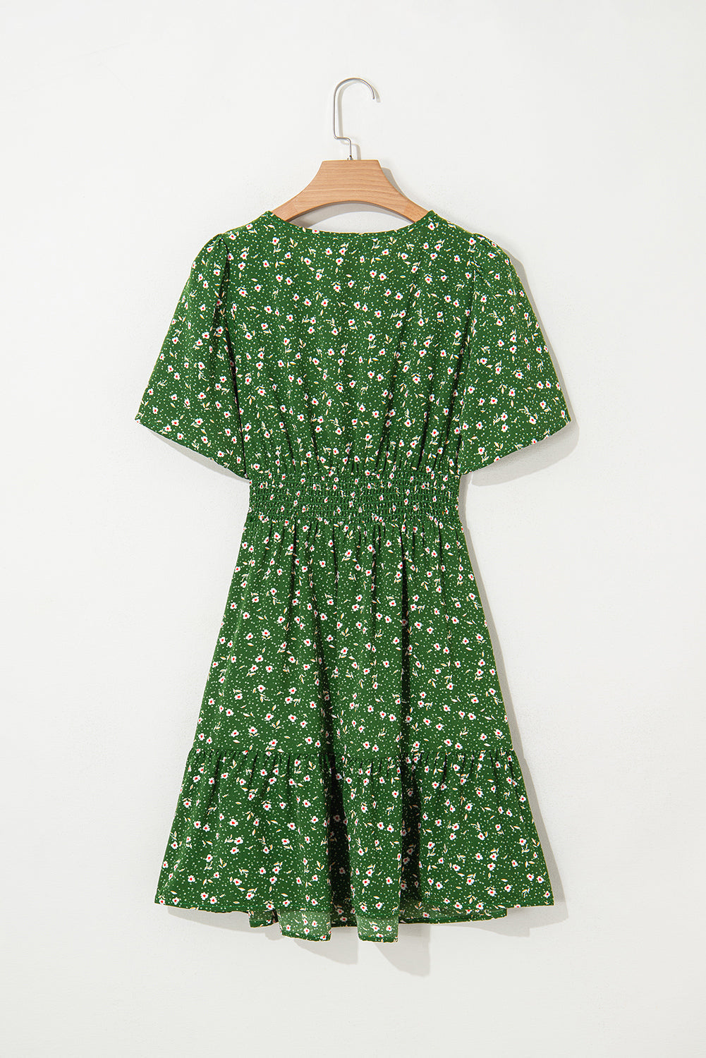 Black Floral Print Wrap V Neck Short Sleeve High Waistband Mini Dress