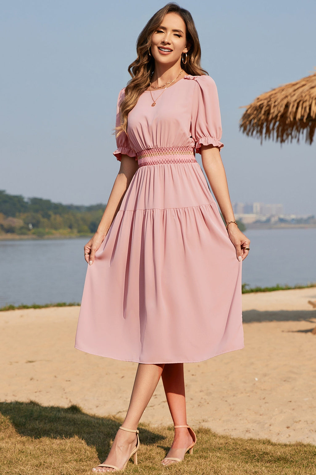 Apricot Contrast Shirred Elastic Waist Short Sleeve Midi Dress
