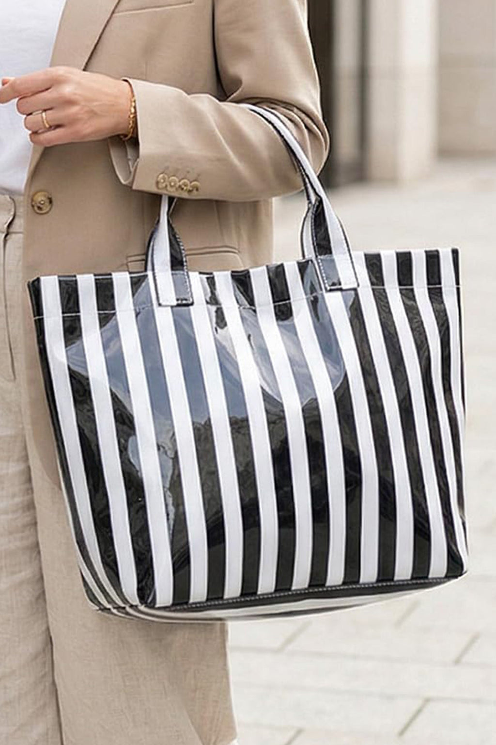 Rainbow Glossy Striped Vinyl Large Tote Bag