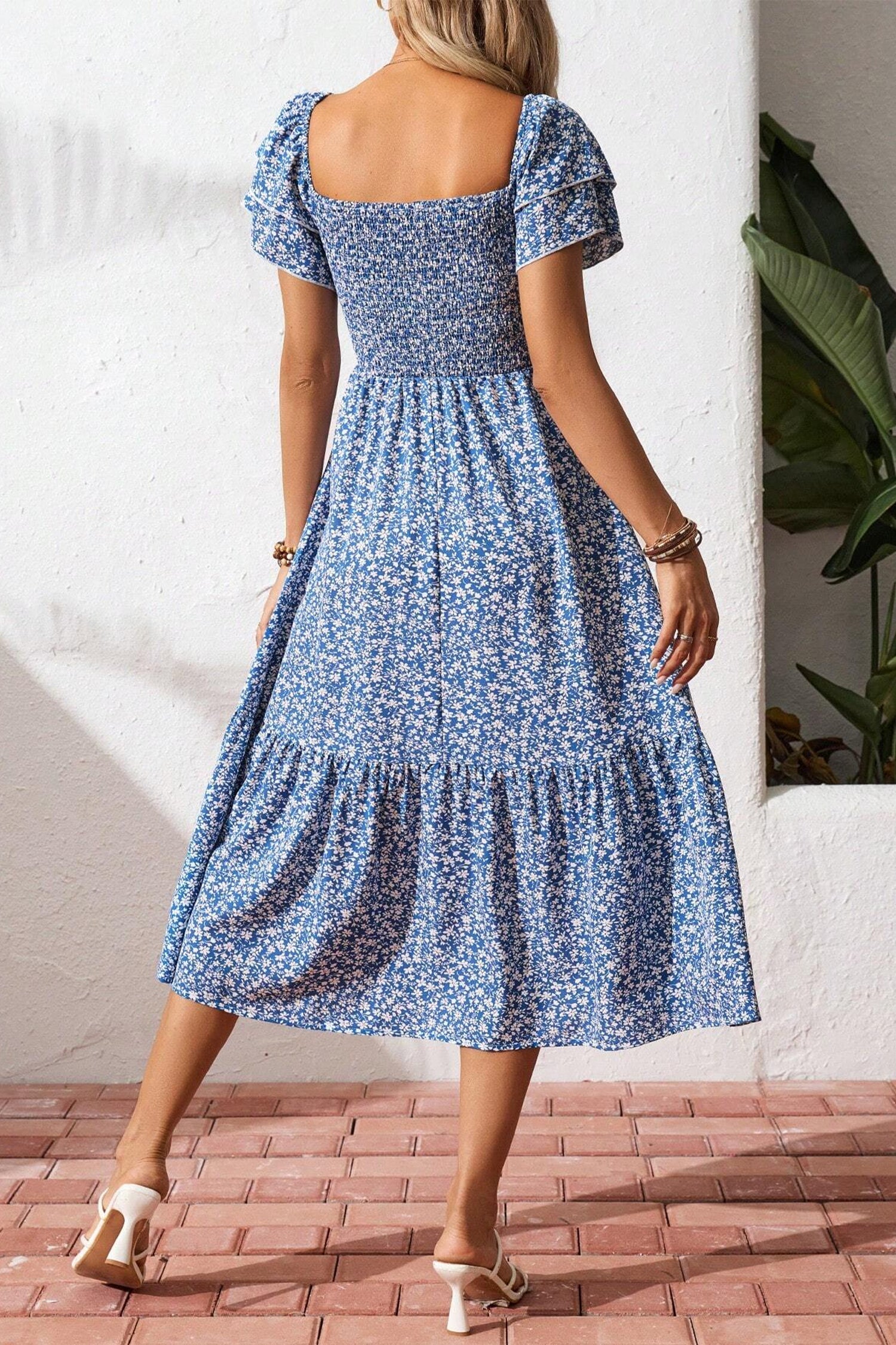 Ditsy Floral Smocked Square Neck Dress