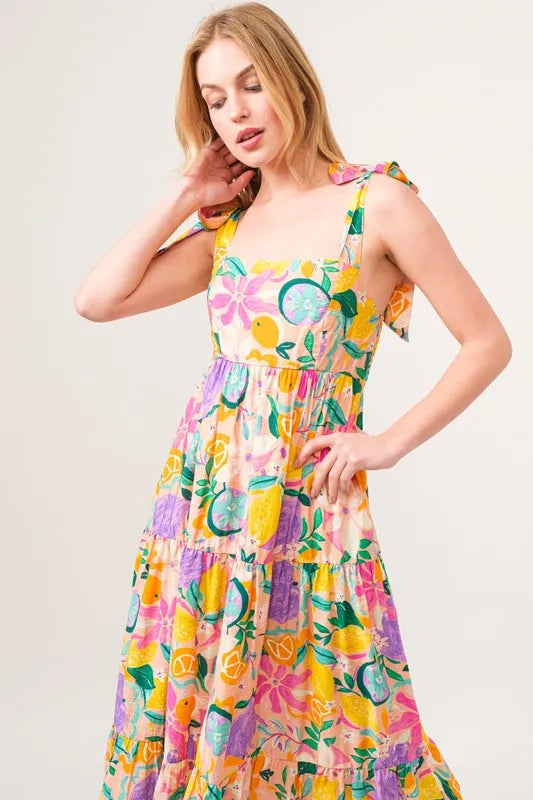 Shoulder Strap Tropical Fruit Printed Tiered Maxi Dress