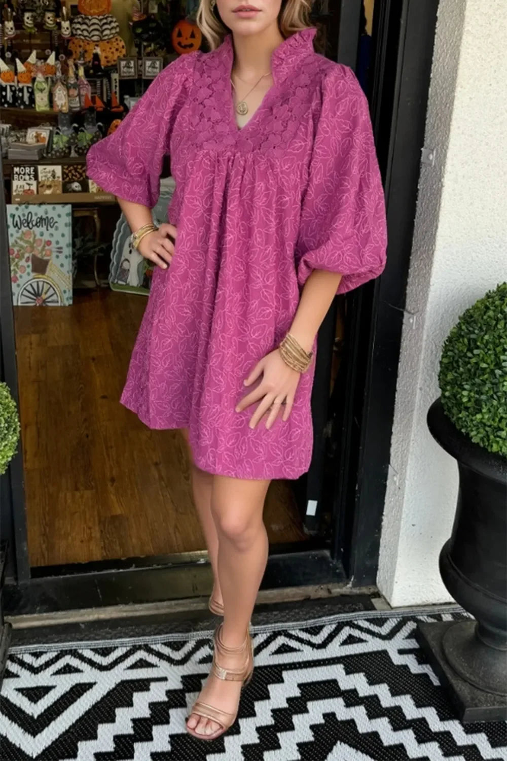Lace Detail Notched Half Sleeve Mini Dress