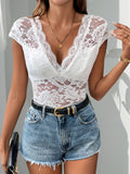 Lace Backless V-Neck Cap Sleeve Bodysuit