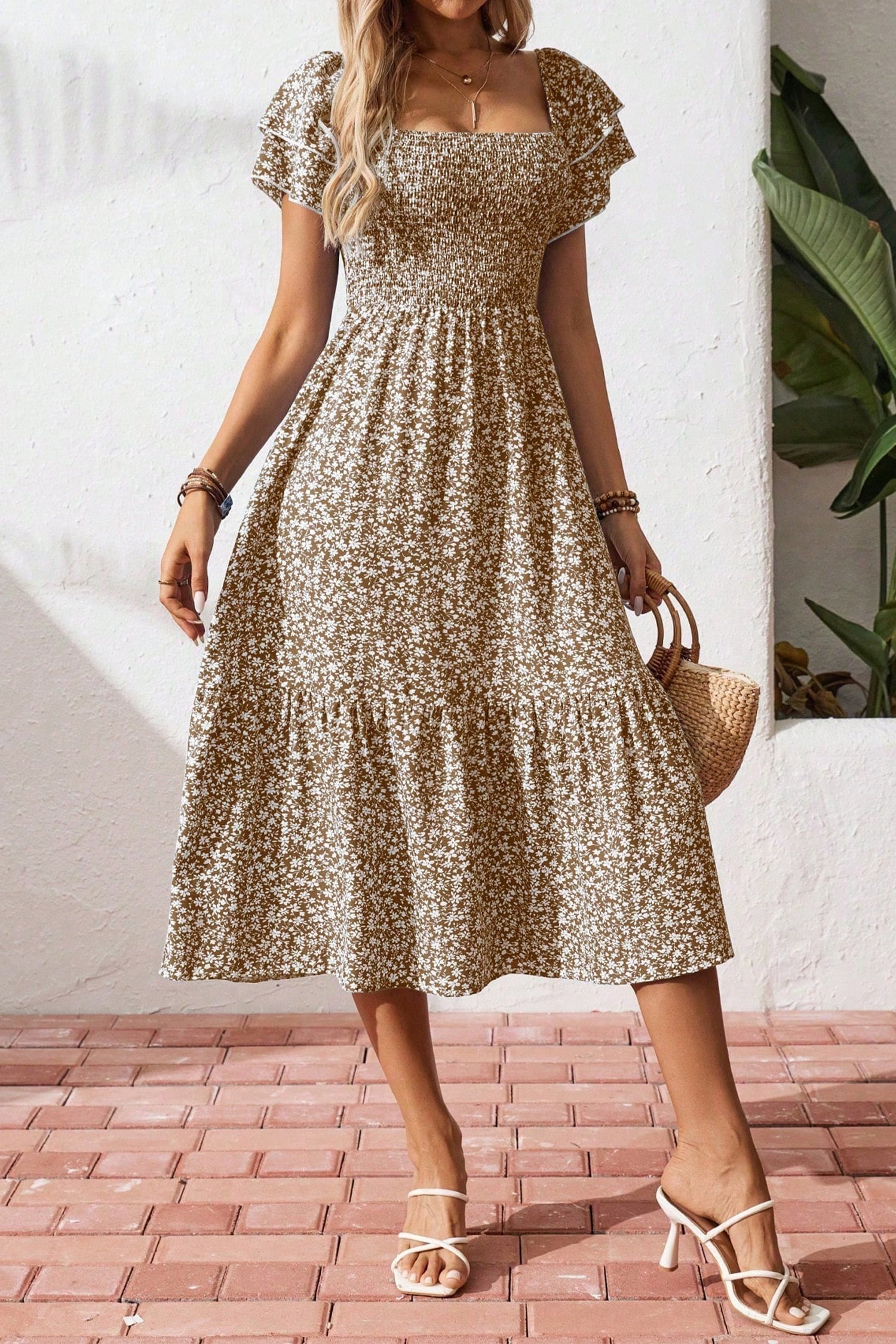 Ditsy Floral Smocked Square Neck Dress