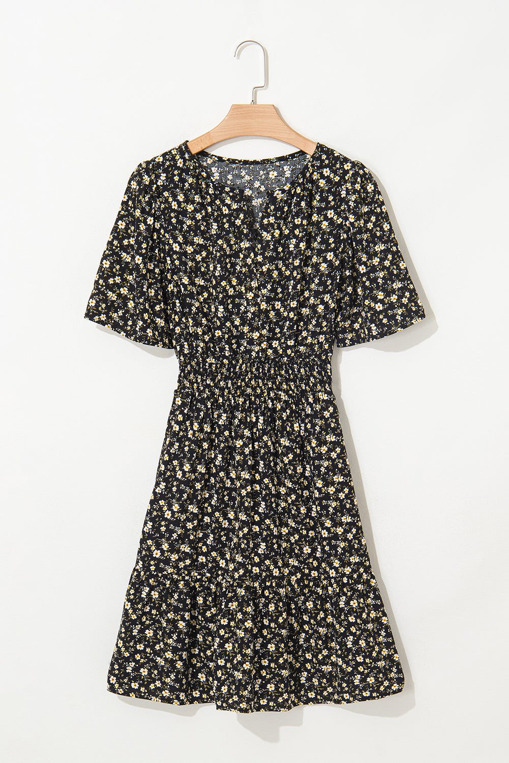 Black Floral Print Wrap V Neck Short Sleeve High Waistband Mini Dress