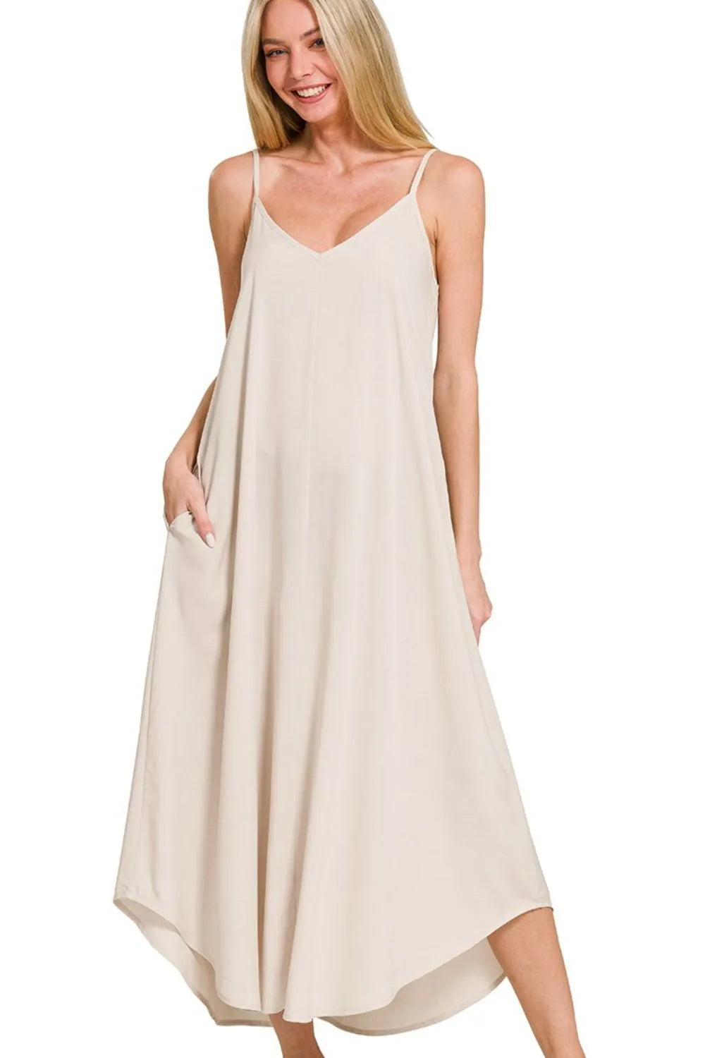 Woven Arc Hem Cami Dress With Flowy Pockets