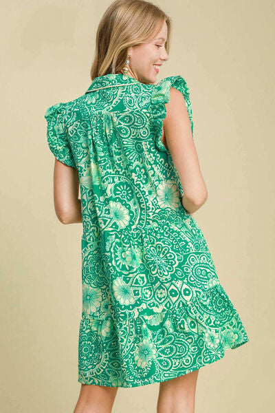 Full Size Printed Ruffle Cap Sleeve Babydoll Dress Plus Size