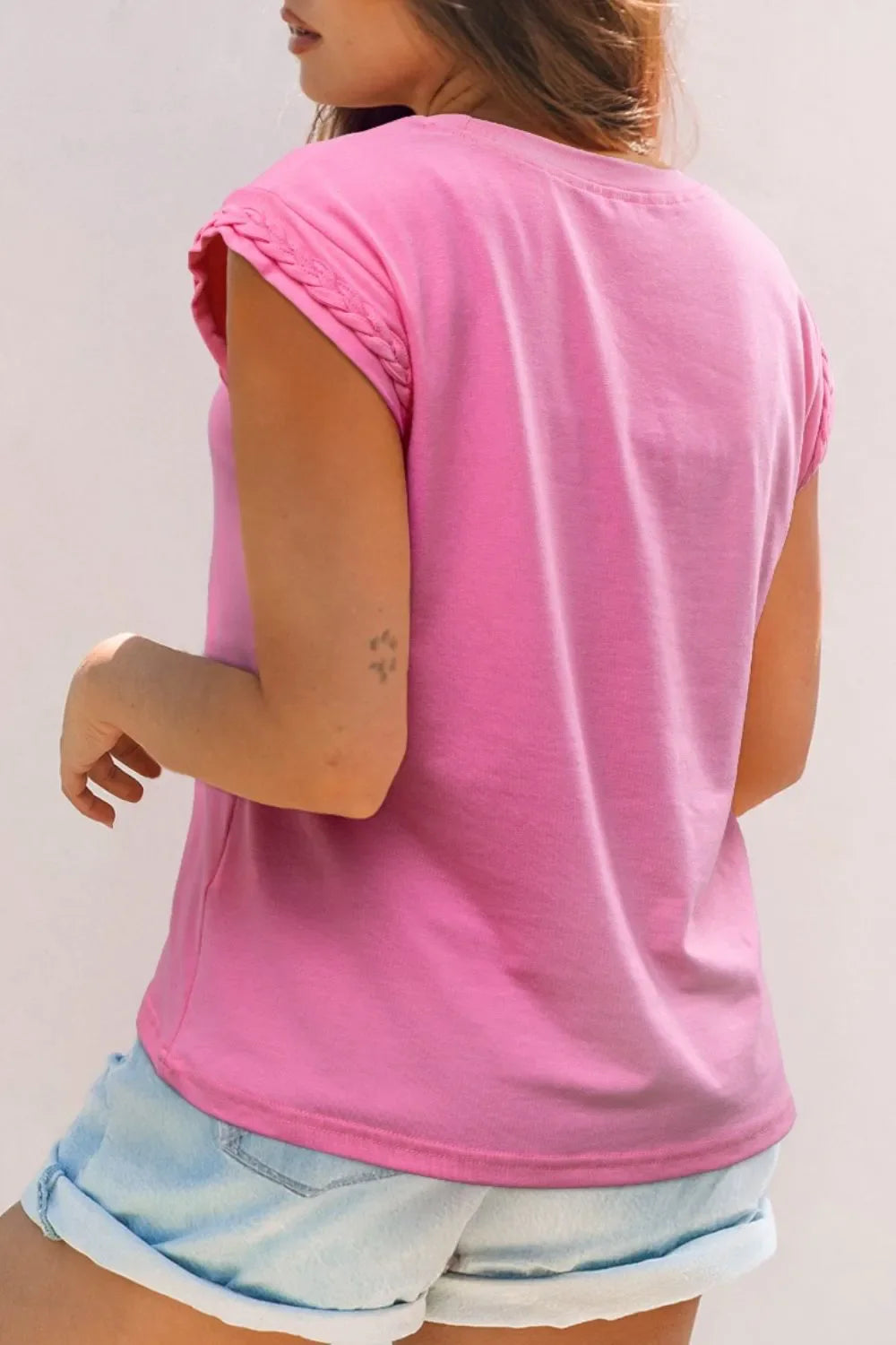 Braided Cap Sleeve Crew Neck T Shirt