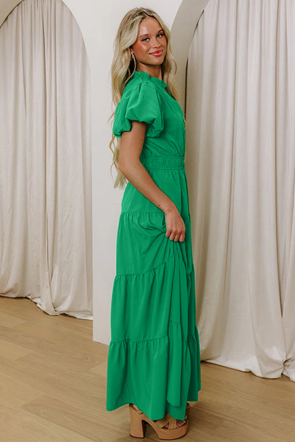 Lavendula Solid Color V Neck Short Puff Sleeve High Waist Tiered Maxi Dress