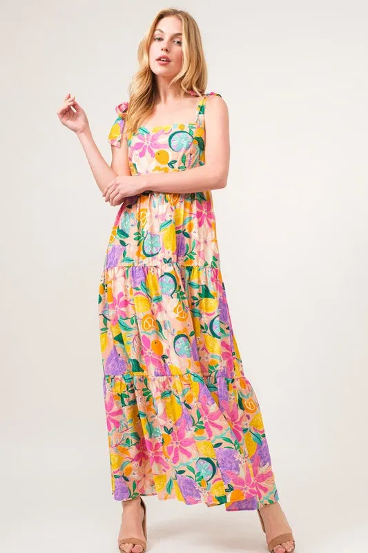 Shoulder Strap Tropical Fruit Printed Tiered Maxi Dress