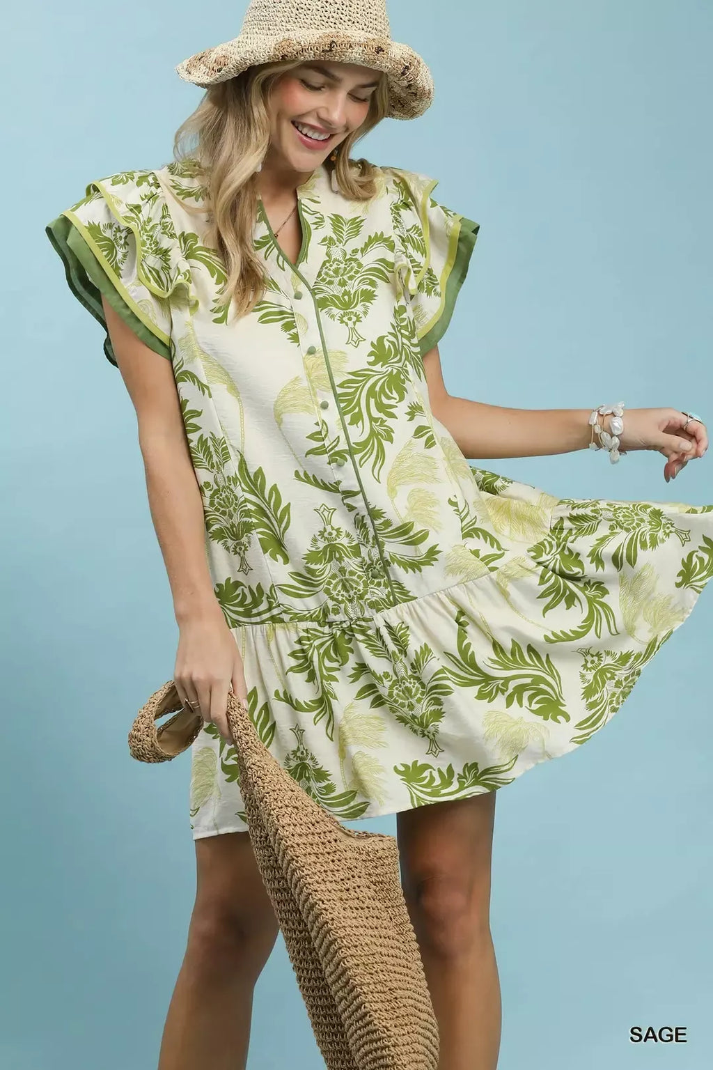 Toile Print Button-Front Placket Mini Dress with Dropped Ruffle Hem