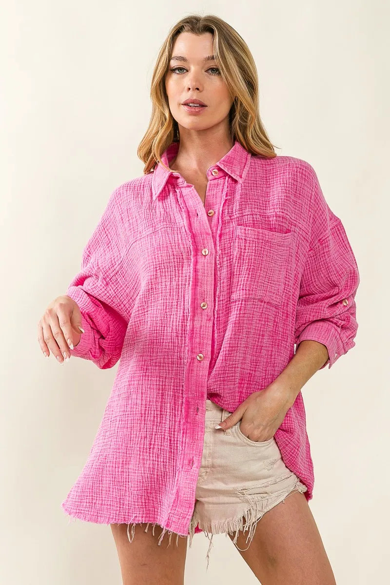 Raw Edge Detailed Mineral Washed Loose Fit Shirt