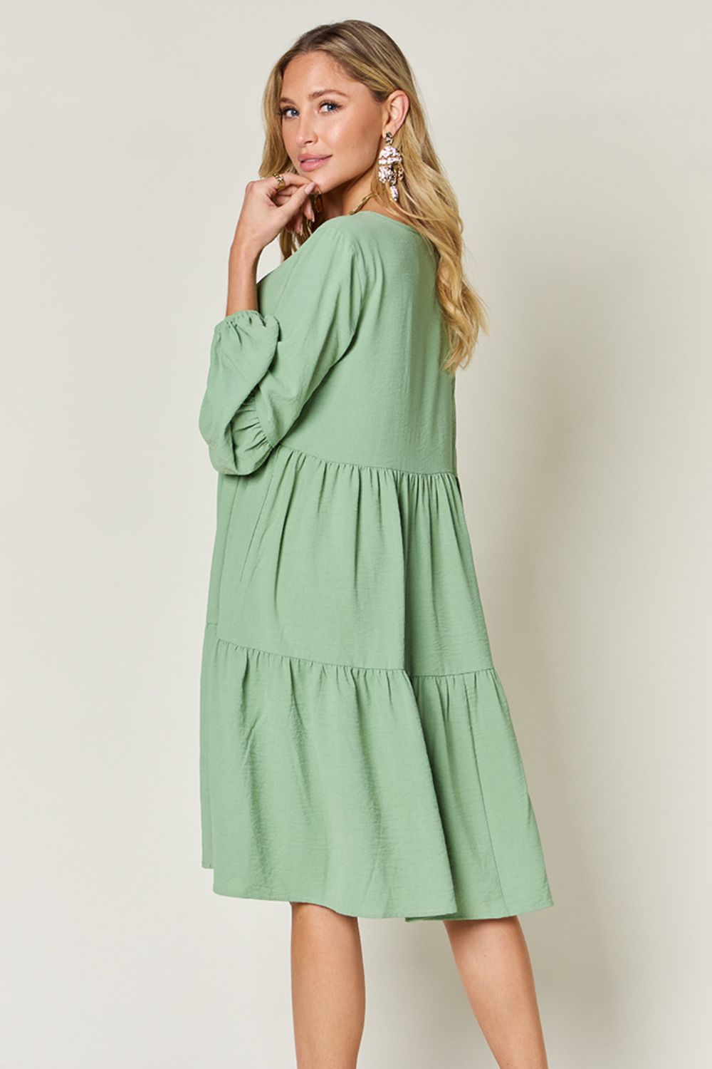 Full Size V-Neck Balloon Sleeve Tiered Dress