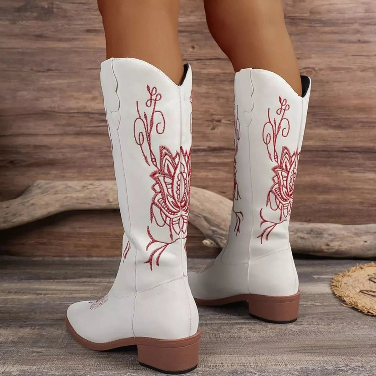 Embroidered Block Heels Boots