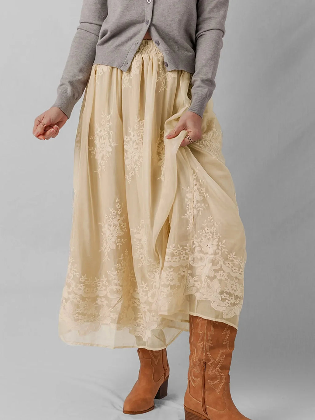 Embroidered Mesh Overlay Flowy Midi Skirt