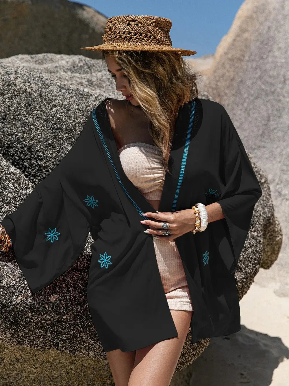 Embroidered Open Front Long Sleeve Cover Up