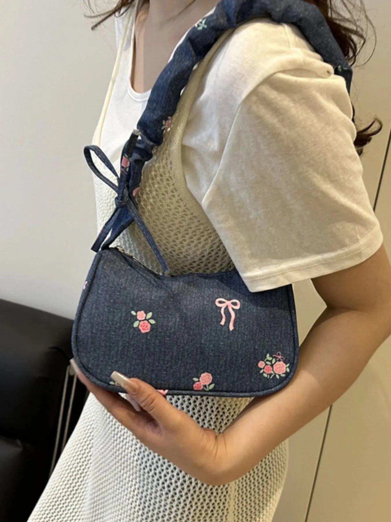 Embroidered Ruched Strap Shoulder Bag