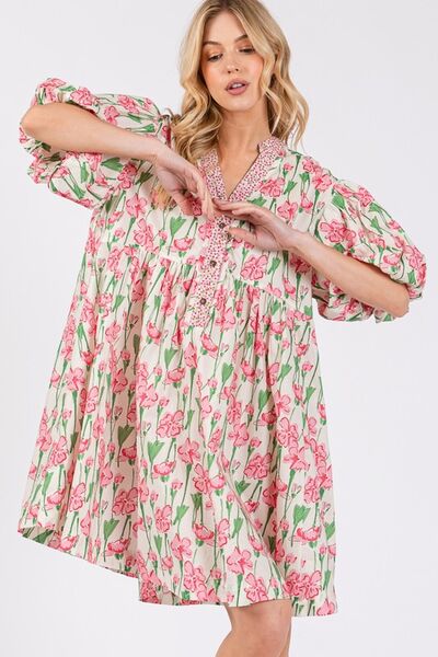 Floral Half Button Notched Puff Sleeve Dress