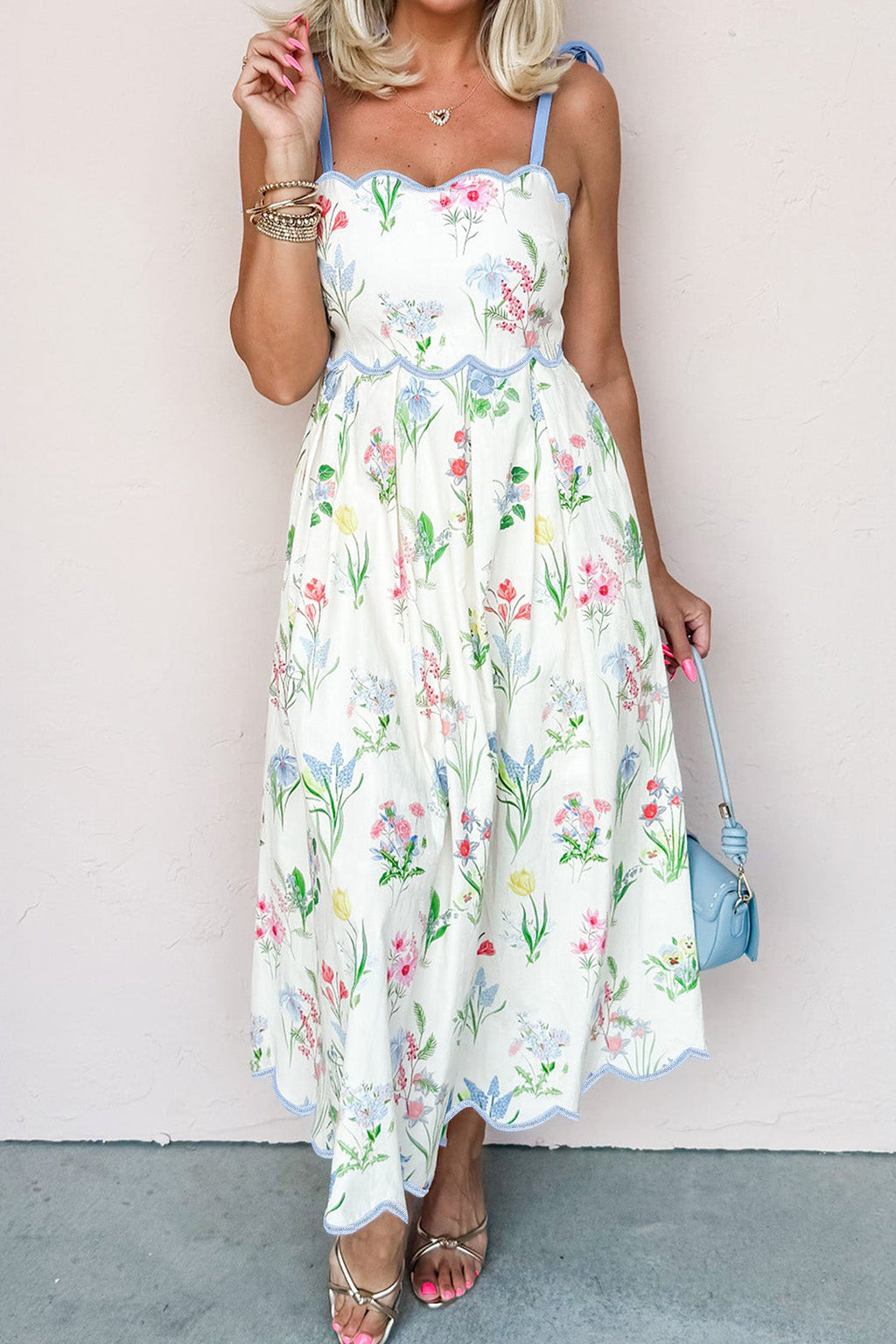 Pink Floral Print Contrast Trim Self-tie Straps High Waist Midi Dress
