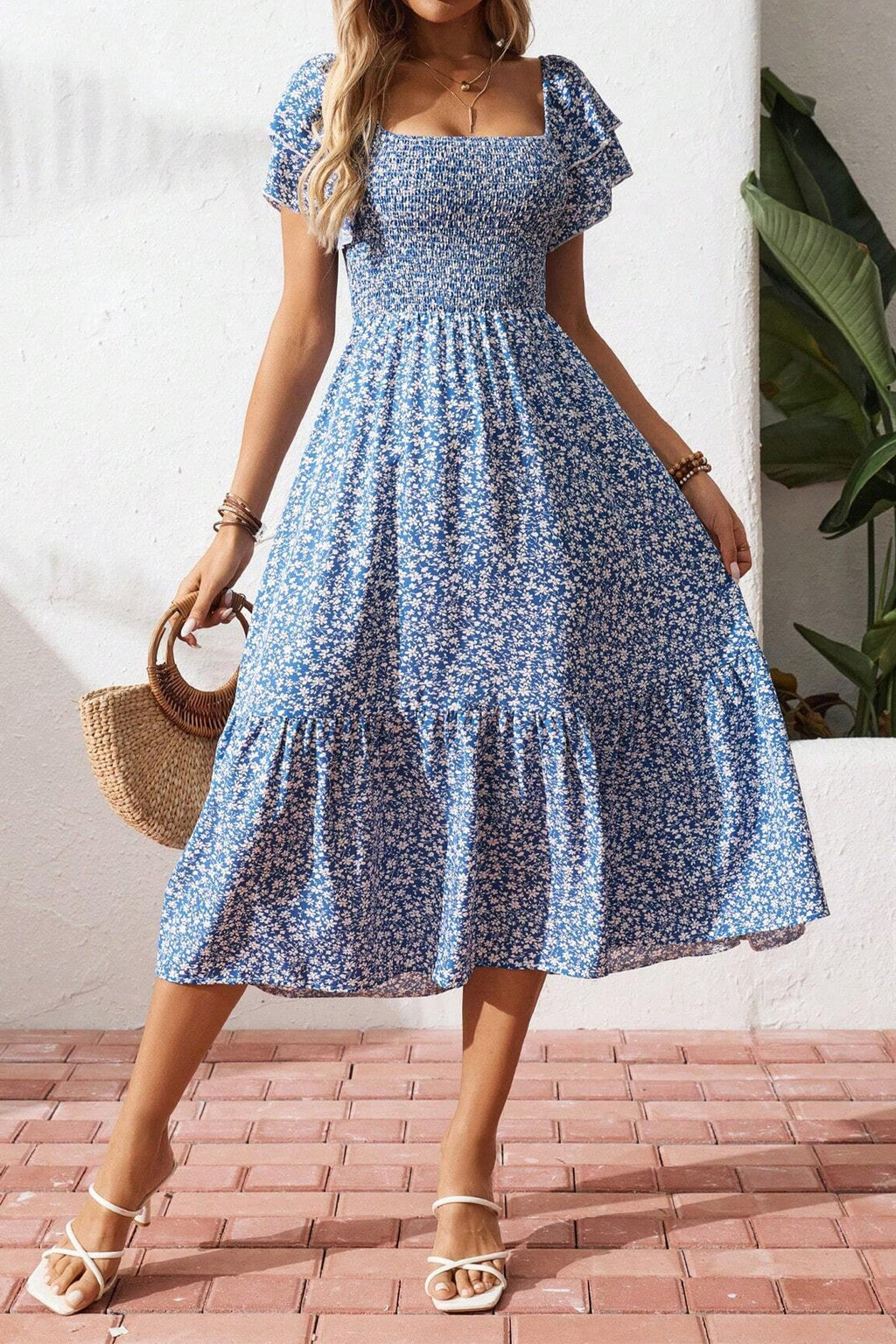 Ditsy Floral Smocked Square Neck Dress