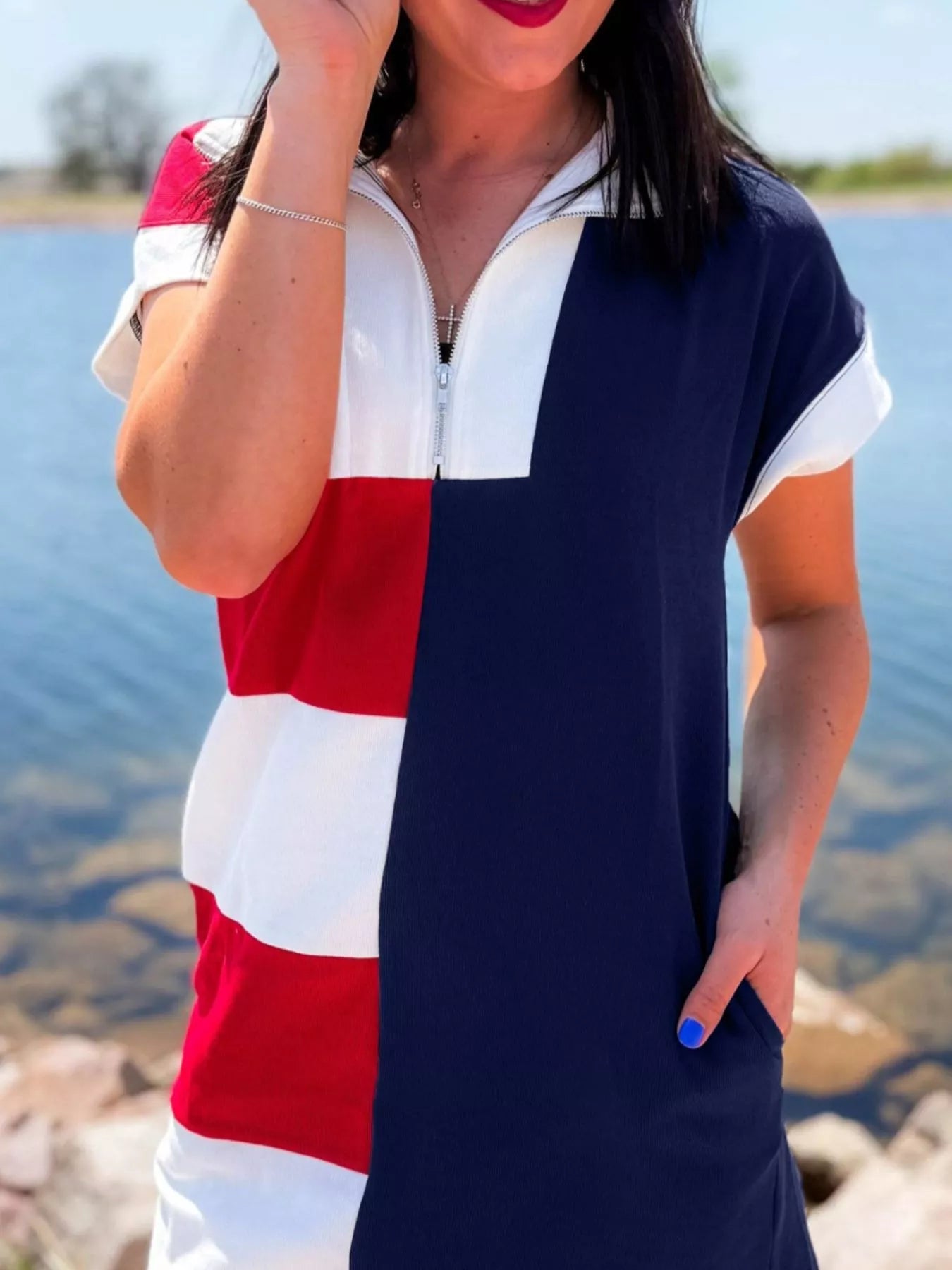 Colorblock Stripes Zip up Collared T Shirt Mini Dress