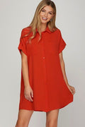 Full Size Button Down Short Sleeve Woven Shirt Dress Plus Size