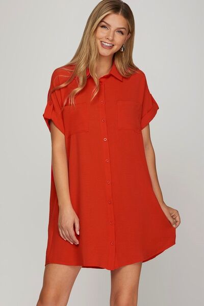 Full Size Button Down Short Sleeve Woven Shirt Dress Plus Size