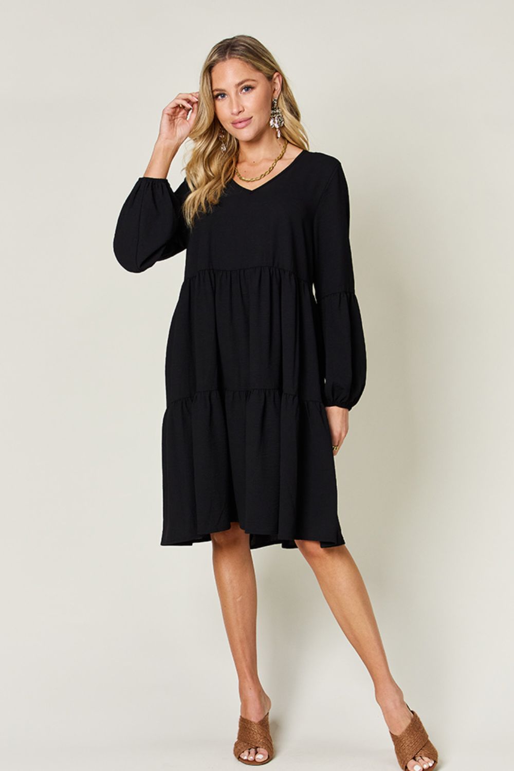 Full Size V-Neck Balloon Sleeve Tiered Dress