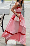 Red Stripe Bow Knot Straps Contrast Trim High Waist Ruffle Hem Maxi Dress