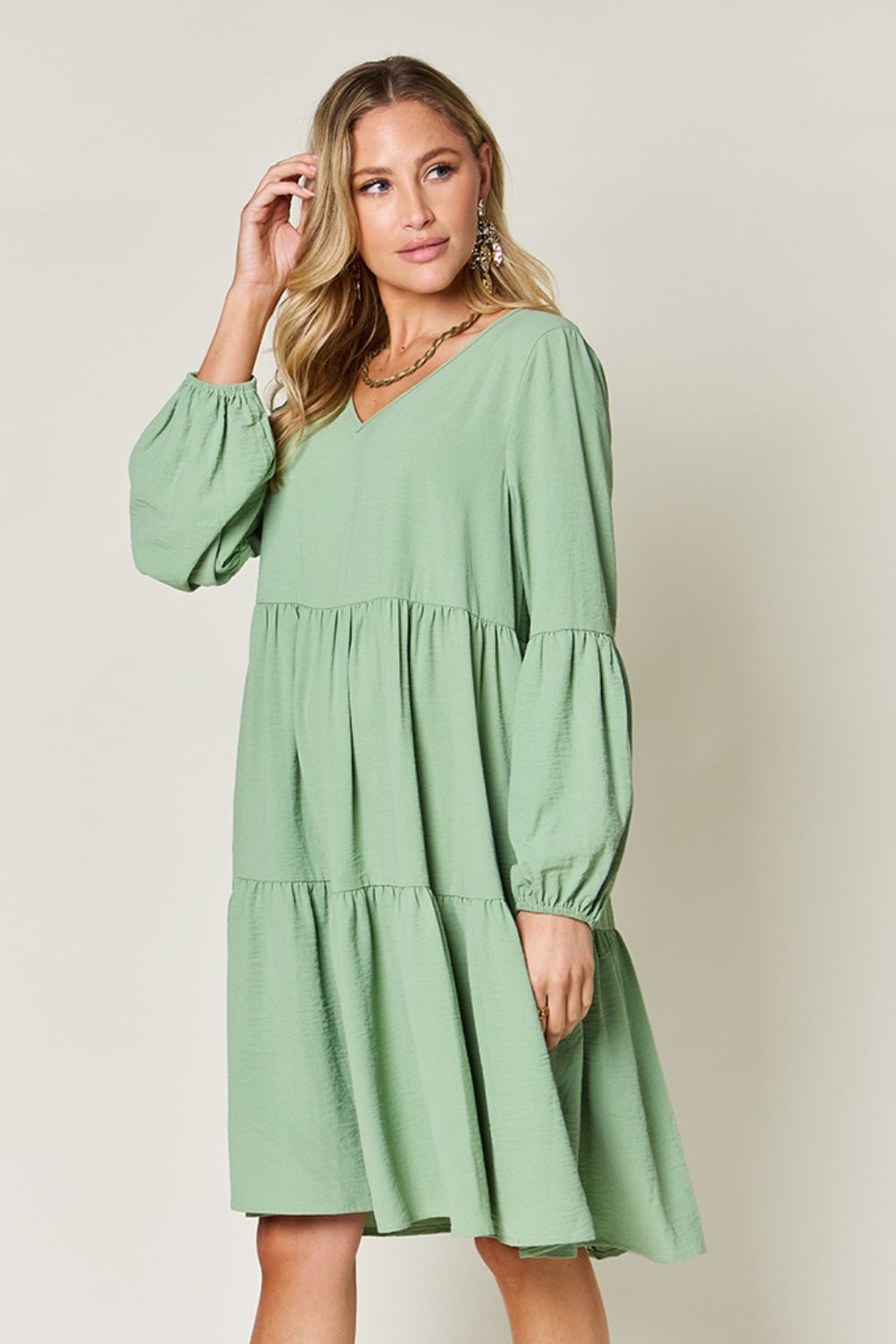Full Size V-Neck Balloon Sleeve Tiered Dress
