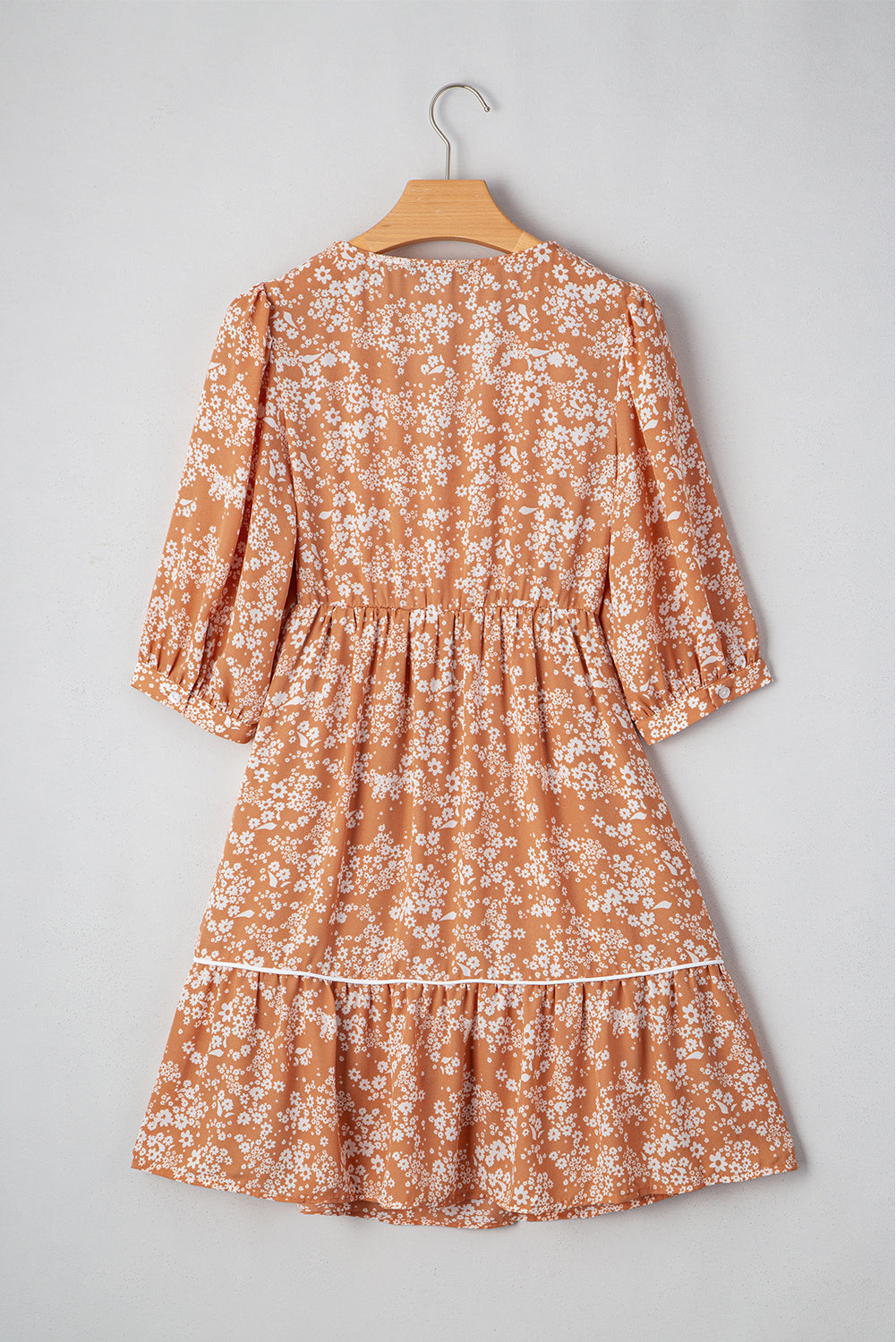 Yellow Floral Print Contrast Trim Button Tie Neck Swing Dress