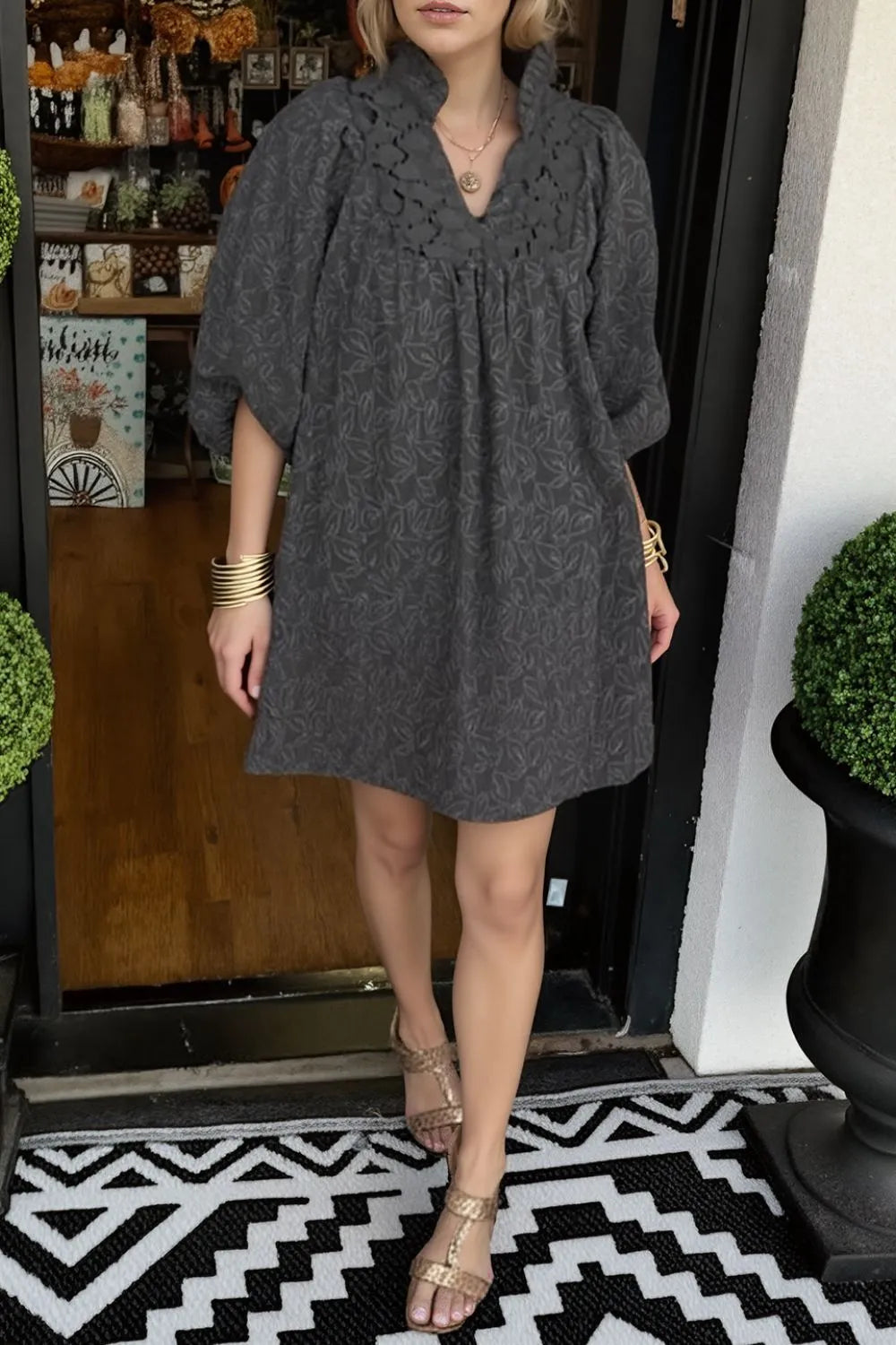 Lace Detail Notched Half Sleeve Mini Dress