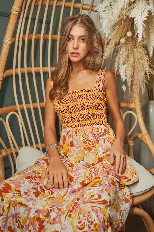 Multi Smocked Bodice Geo Ruffle Strappy Midi Dress