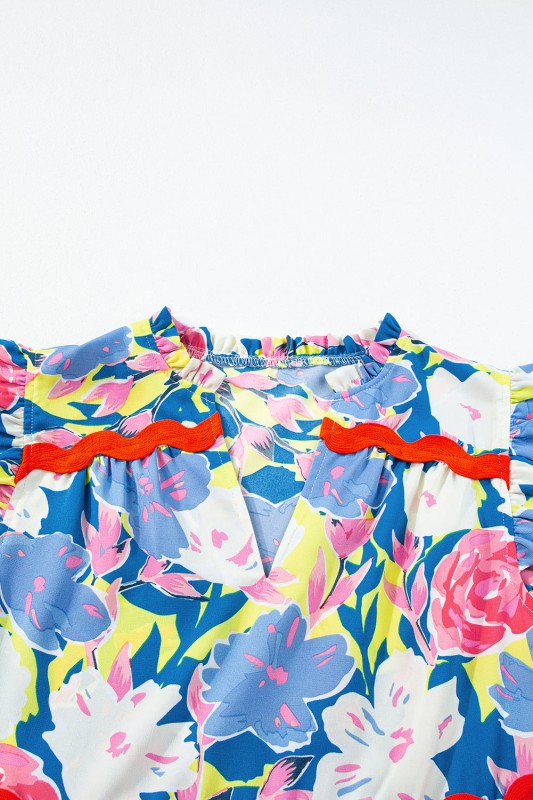 Floral Ric-Rac Flutter Sleeve V-Neck Dress