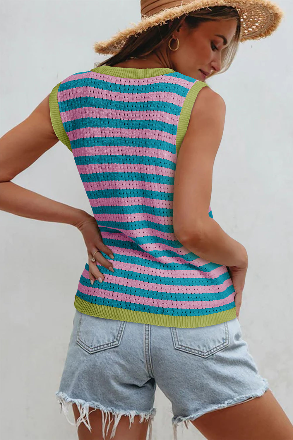 Navy Stripe Pointelle Knit Contrast Trim Sleeveless Sweater Top