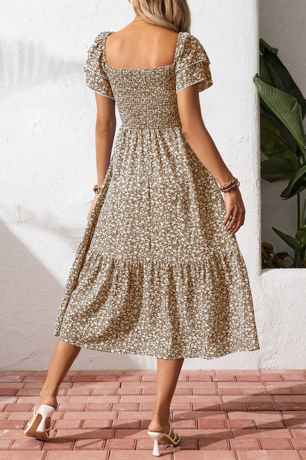Ditsy Floral Smocked Square Neck Dress