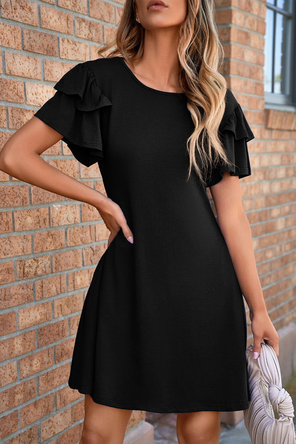 Skobeloff Solid Color Round Neck Double Ruffle Short Sleeve Dress