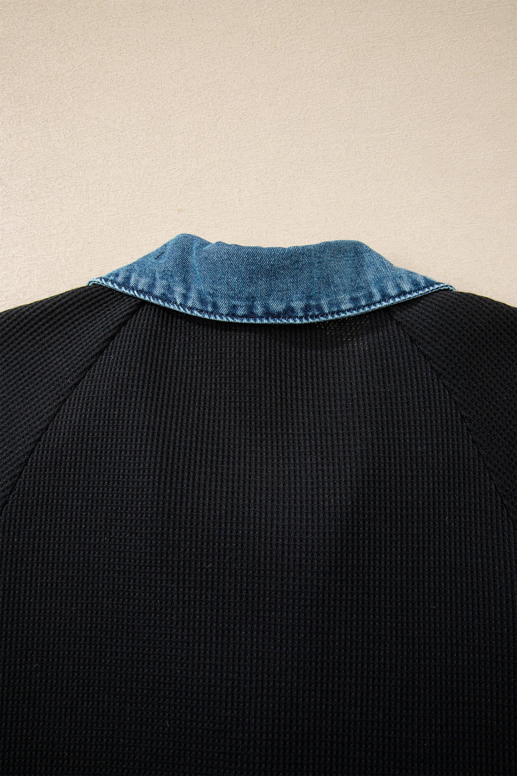 Black Waffle Knit Denim Contrast Trim Patchwork Button Polo Tee Dress