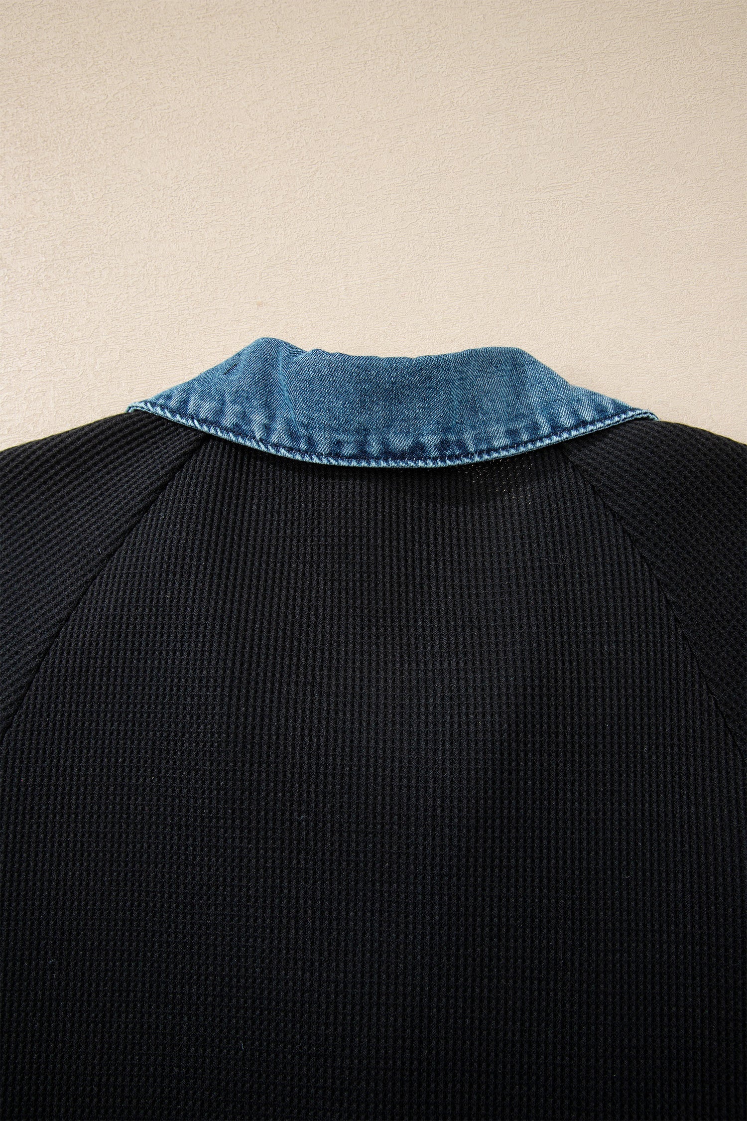 Black Waffle Knit Denim Contrast Trim Patchwork Button Polo Tee Dress