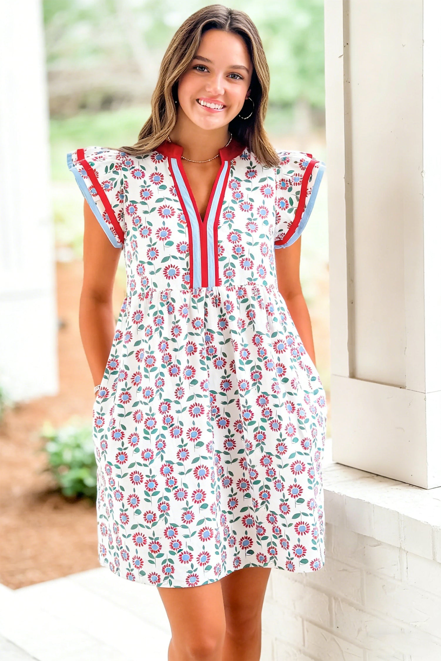 Sky Blue Floral Print Contrast Trim Flutter Sleeve Mini Dress
