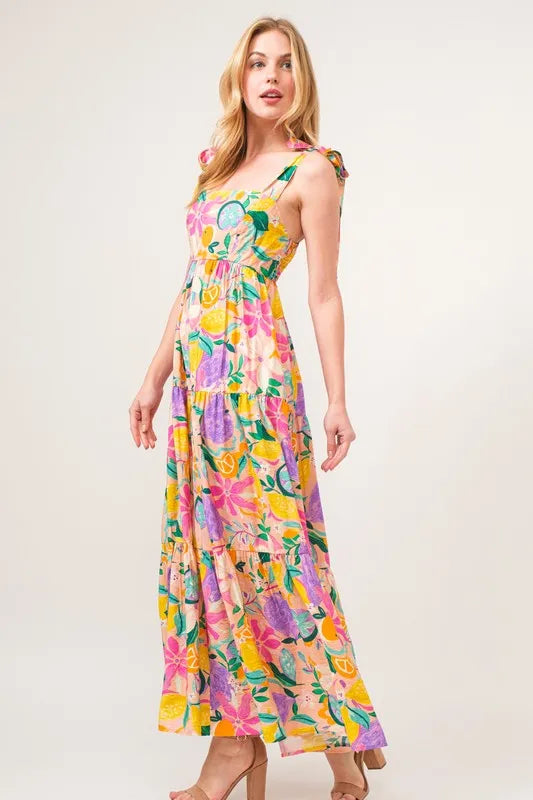 Shoulder Strap Tropical Fruit Printed Tiered Maxi Dress