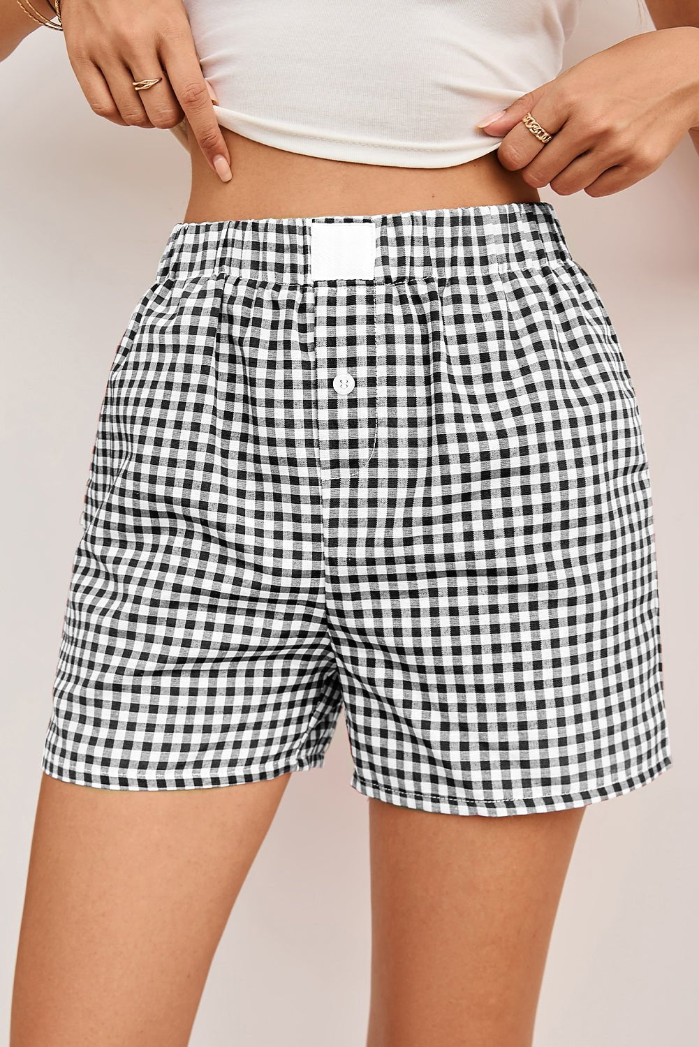 Fern Green Vintage Plaid Print High Waisted Loose Wide Leg Shorts