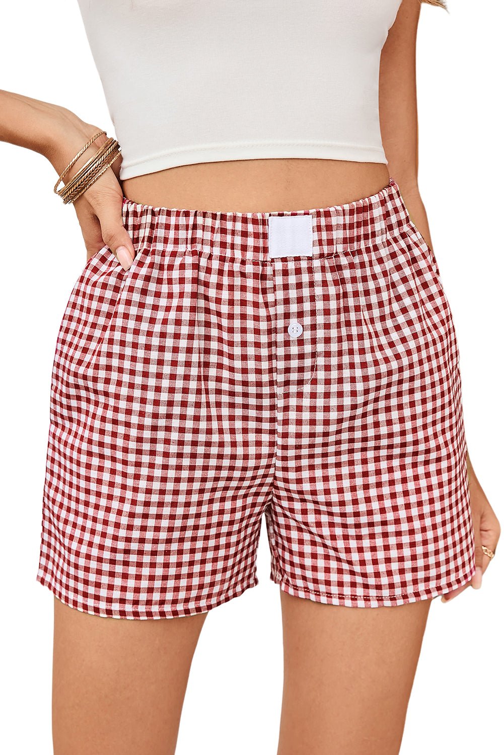 Fern Green Vintage Plaid Print High Waisted Loose Wide Leg Shorts
