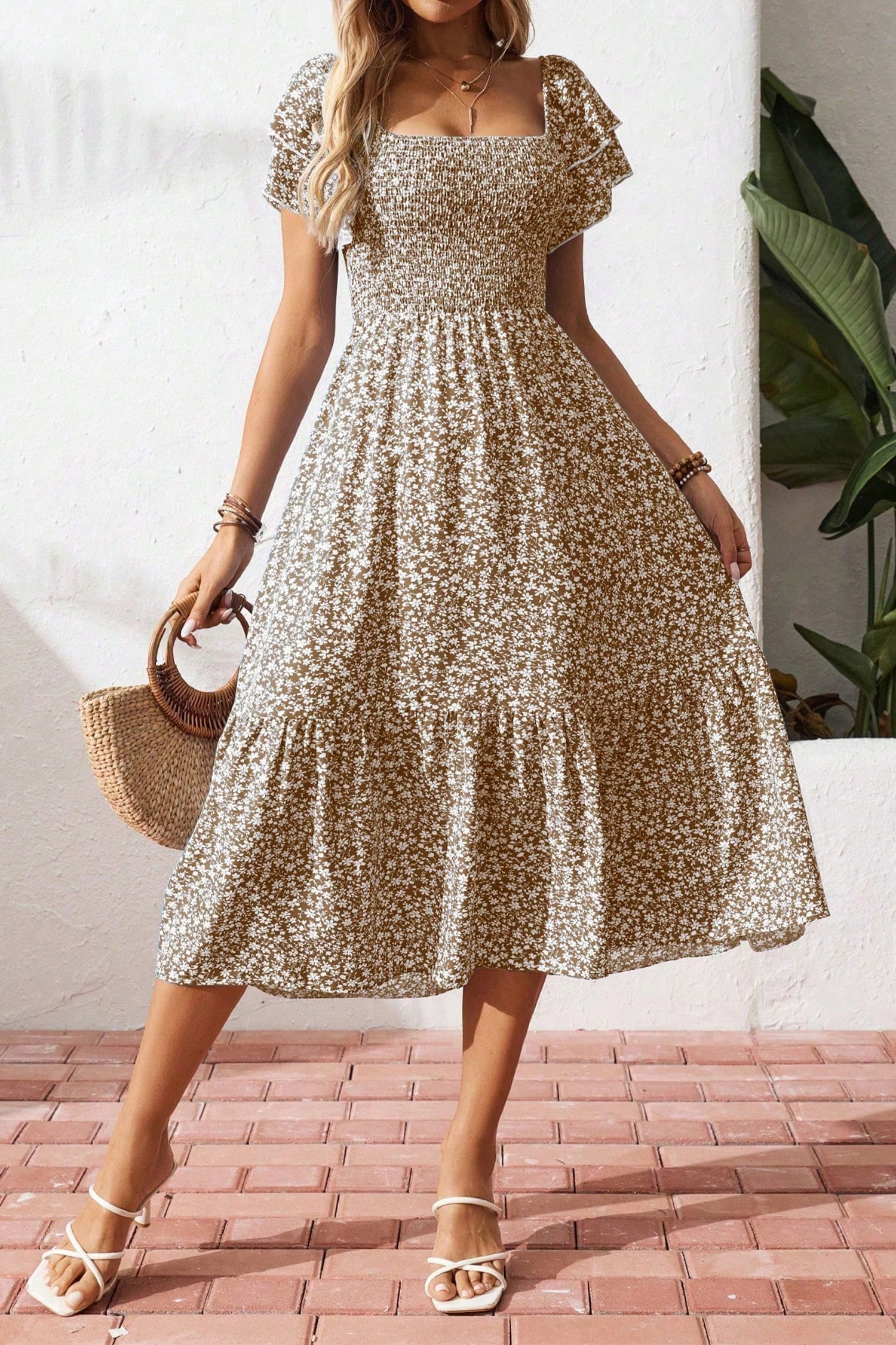 Ditsy Floral Smocked Square Neck Dress