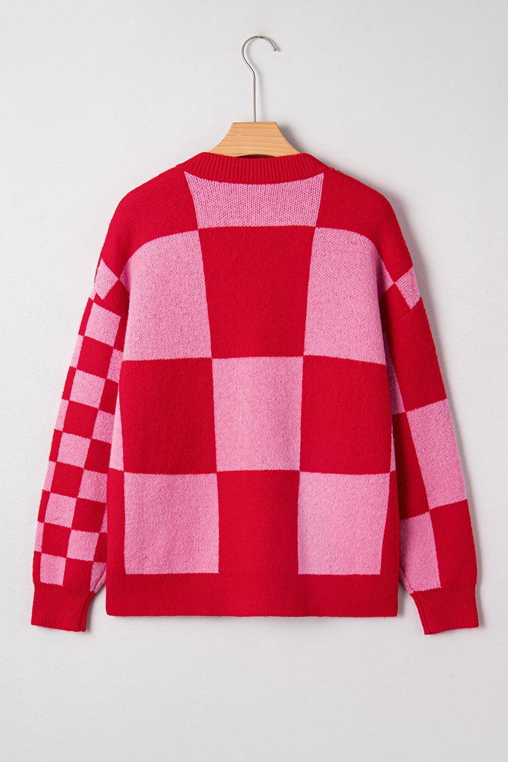 Fiery Red Colorblock Plaid Button Knit Cardigan