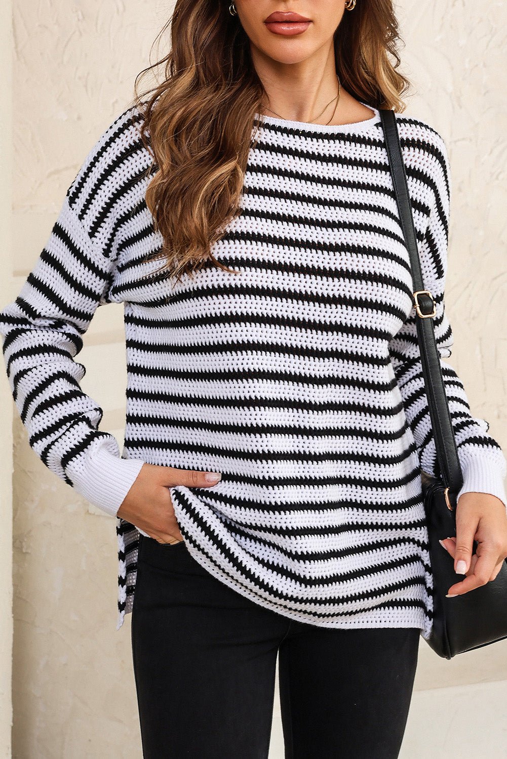 Fiery Red Striped Knit Split Hem Baggy Sweater