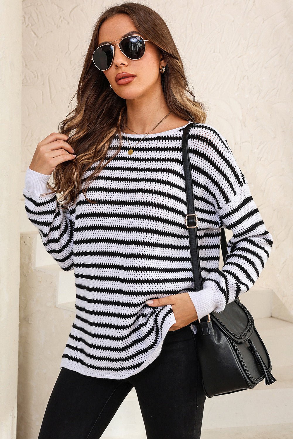 Fiery Red Striped Knit Split Hem Baggy Sweater