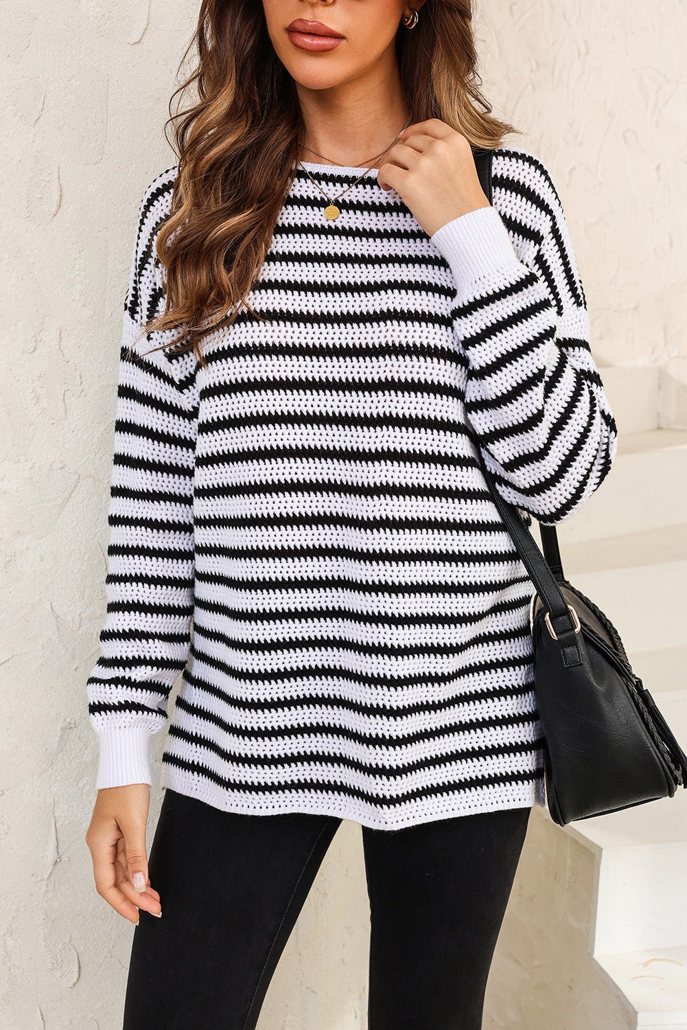 Fiery Red Striped Knit Split Hem Baggy Sweater
