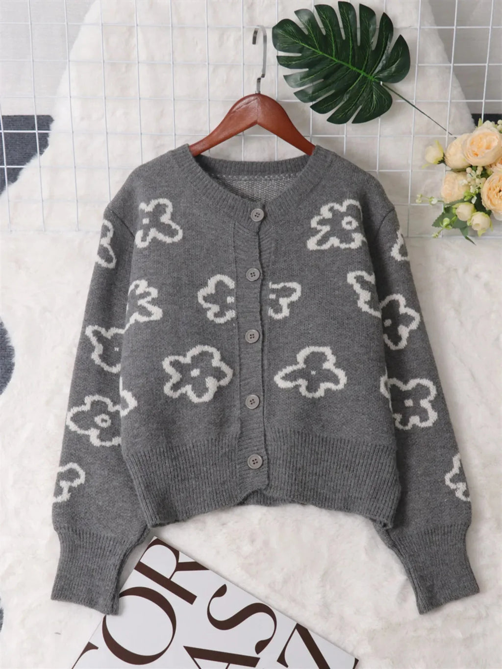 Floral Pattern Button-Up Cardigan