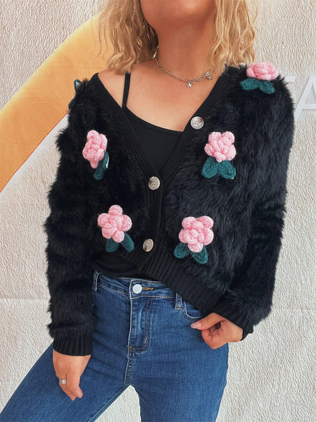 Flower Fuzzy Button-Up Cardigan